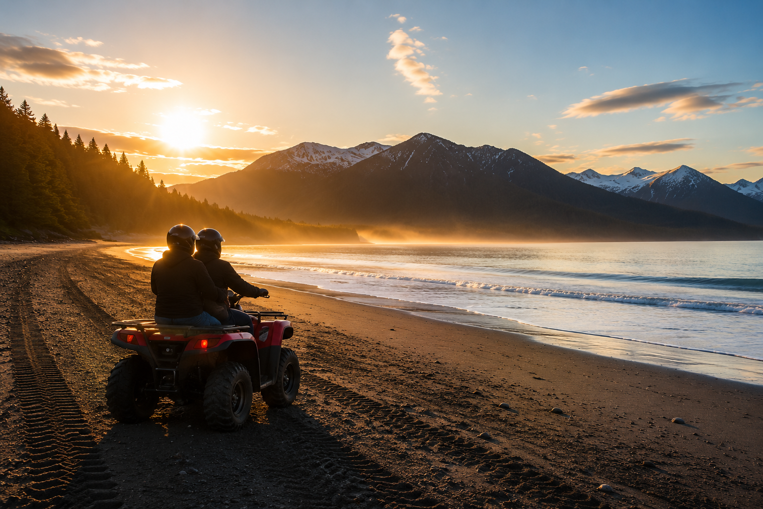 Two riders on an ATV on a Kenai beach at sunset with mountains across the inlet