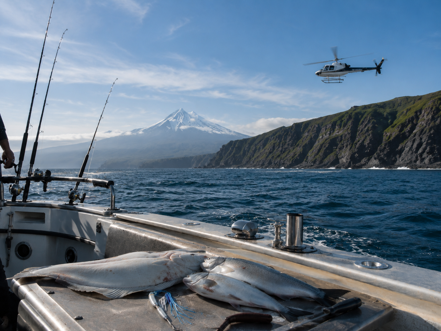 Halibut and salmon catch on the boat deck with a helicopter flying past a snowy volcano