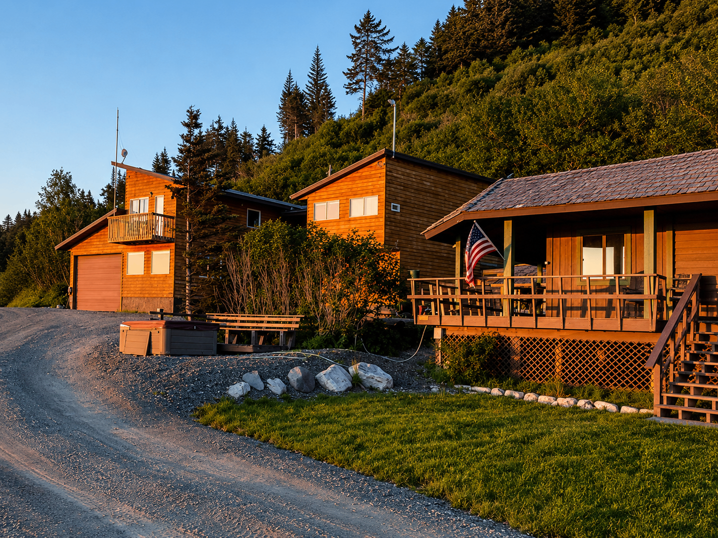 King Halibut Lodge buildings on the bluff at golden hour